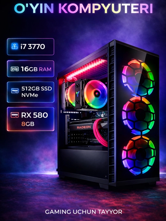 Игровой компьютер с процессором Core i7, 16 ГБ оперативной памяти, 512 ГБ SSD, RX 580 8 ГБ - 