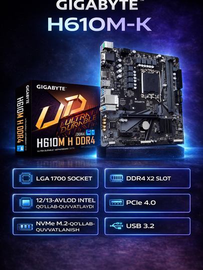 Материнская плата Gigabyte H610M-K DDR4 LGA1700, поддержка  12-13-14 го поколения, DDR4  - 