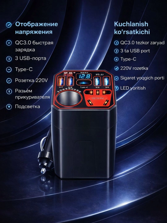 Автоинвертор 12V/24V → 220V 100W/200W с USB и Type-C, для авто