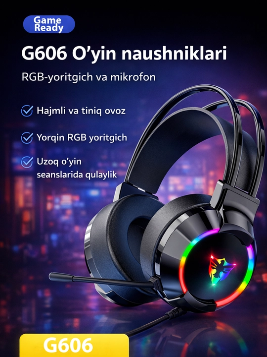 G606 - Игровые наушники, геймерские наушники, гарнитура с микрофоном, с RGB подсветкой - 