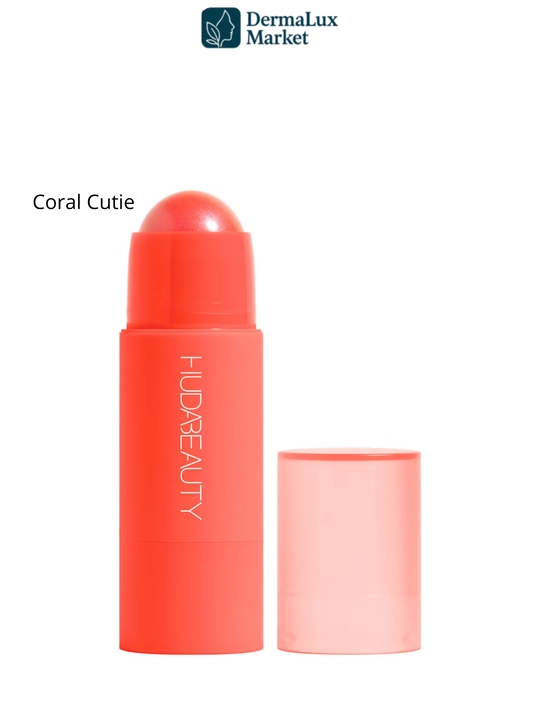 Kremli rumyana-stik Huda Beauty Perky Peach/Coral Cutie - tabiiy glow, yengil tekstura