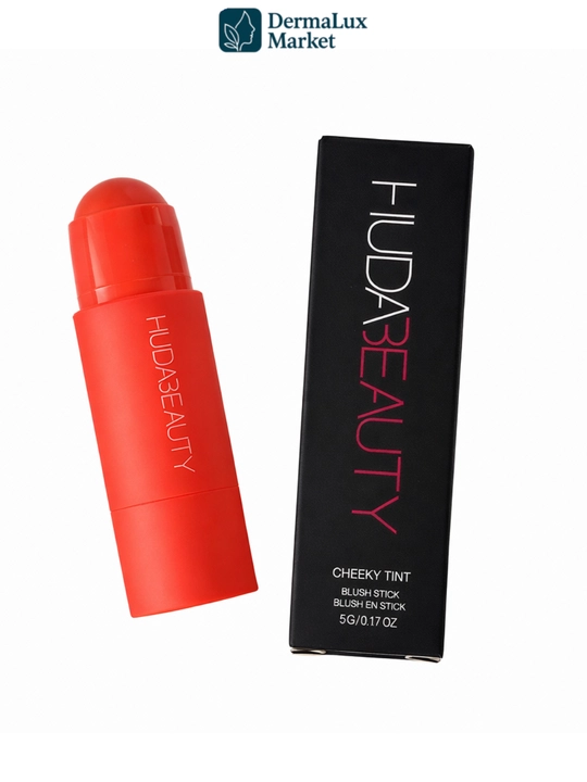 Kremli rumyana-stik Huda Beauty Perky Peach/Coral Cutie - tabiiy glow, yengil tekstura