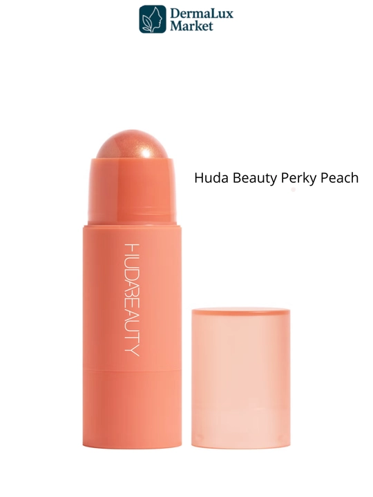 Kremli rumyana-stik Huda Beauty Perky Peach/Coral Cutie - tabiiy glow, yengil tekstura
