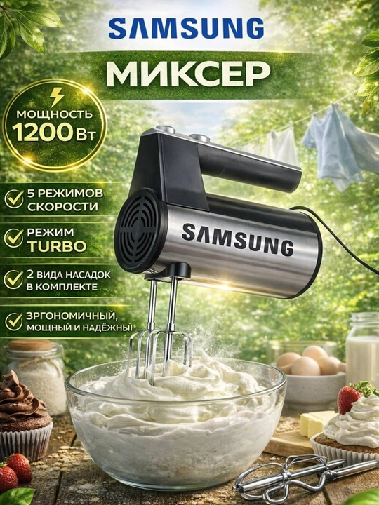 Ручной миксер 1200 Вт, TURBO режим, 5 скоростей, 2 насадки