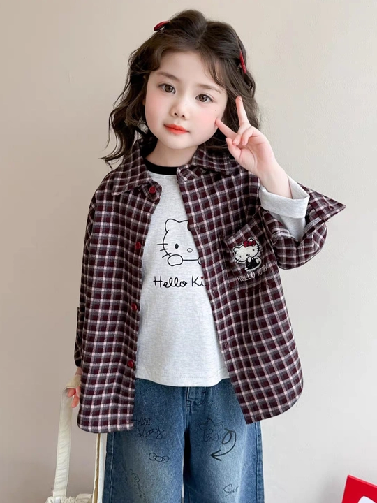 Hello Kitty клетчатая рубашка с дизайном — современная и удобная модель, 7-10 лет