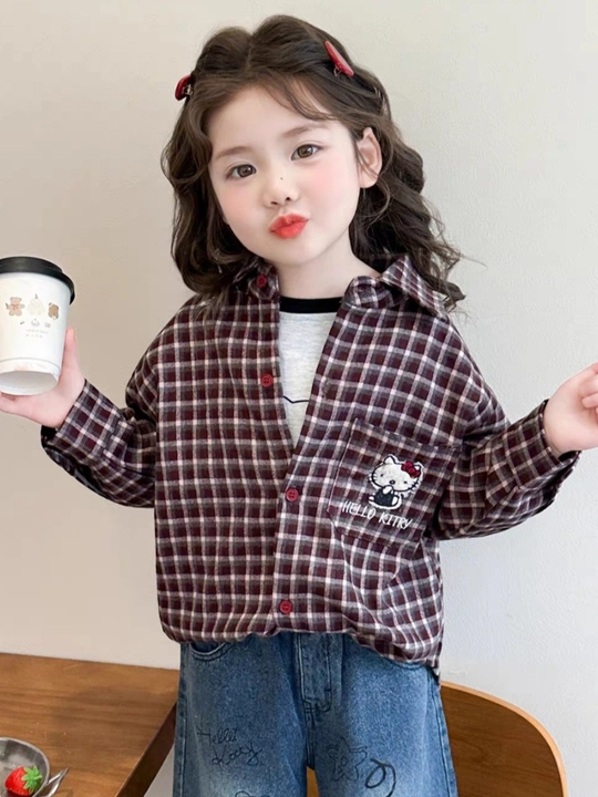 Hello Kitty клетчатая рубашка с дизайном — современная и удобная модель, 7-10 лет
