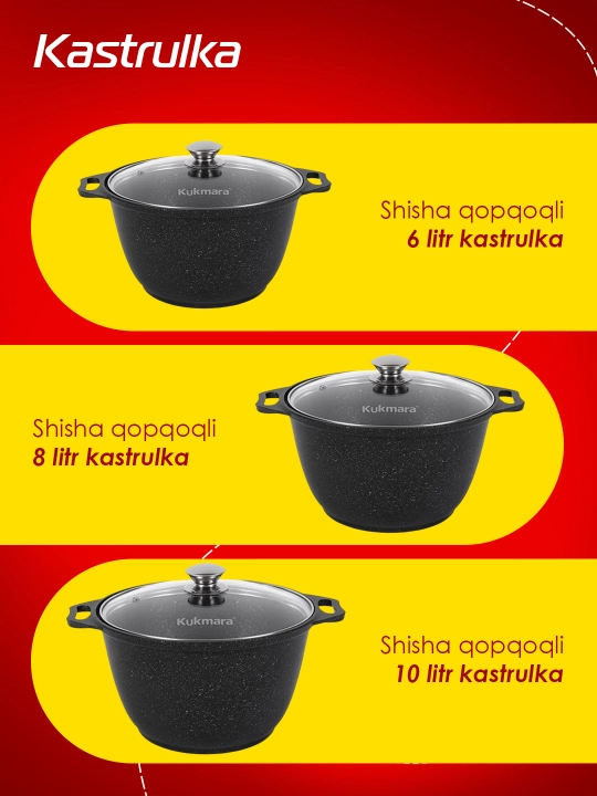 Kastryulya Kukmara, shisha qopqoq bilan, qora mramor