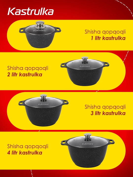 Kastryulya Kukmara, shisha qopqoq bilan, qora mramor