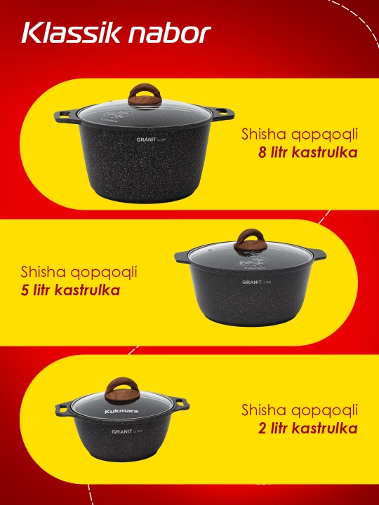 Kastryulya Kukmara, shisha qopqoq bilan, qora mramor