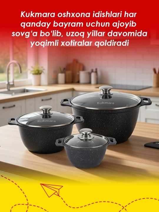 Kastryulya Kukmara, shisha qopqoq bilan, qora mramor