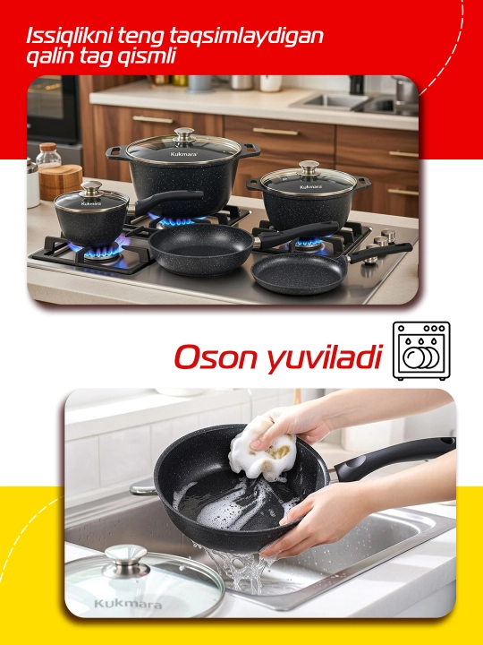 Kastryulya Kukmara, shisha qopqoq bilan, qora mramor