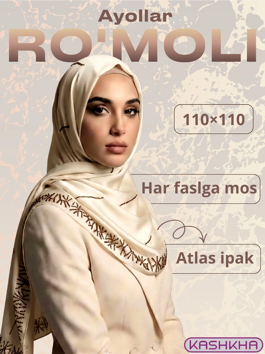 KASHKHA RO'MOLI ayollar uchun atlas ipak ro‘mol, 110×110 sm - 