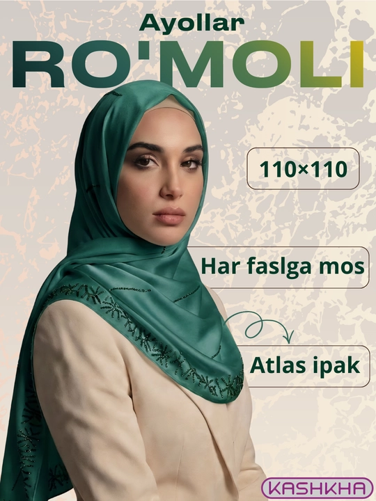 KASHKHA RO'MOLI ayollar uchun atlas ipak ro‘mol, 110×110 sm - 