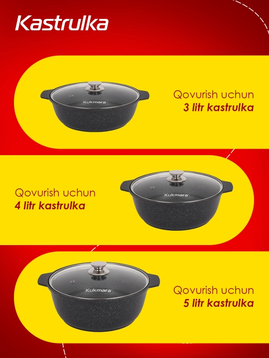 Kukmara Kastryulya-zharovnya, to‘m mramor, antipigarna qoplama, steklyannaya krishkali