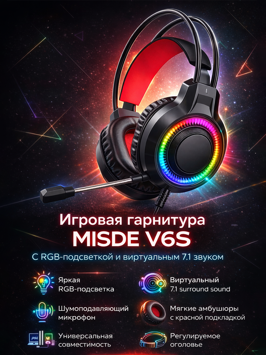 MISDE V6S — Проводные игровые наушники с RGB-подсветкой, игровая ...