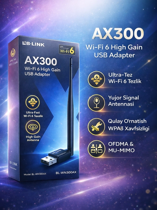 AX300 Wi-Fi Adapter — tez, ishonchli va oson ulanadigan simsiz tarmoq qurilmasi - 