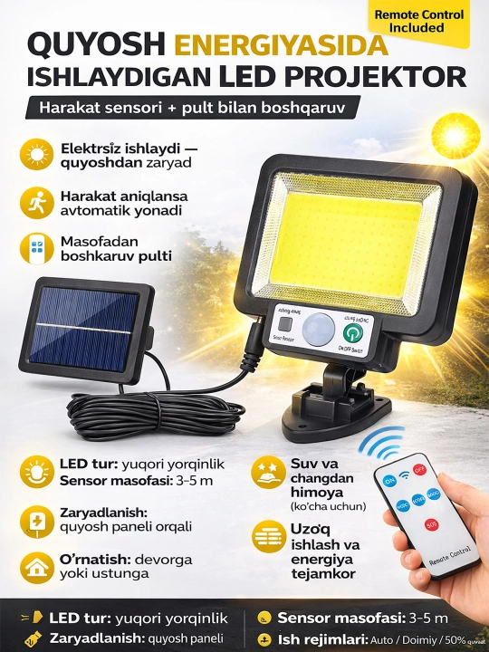 Quyosh energiyasi bilan ishlaydigan tashqi sensorli chiroq - 