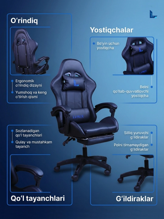 Gaming kreslo Lunix, kompyuter va ofis uchun, oyoq qo'ygichli o'rindiq