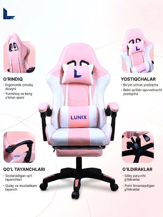 Gaming kreslo Lunix, kompyuter va ofis uchun, oyoq qo'ygichli o'rindiq