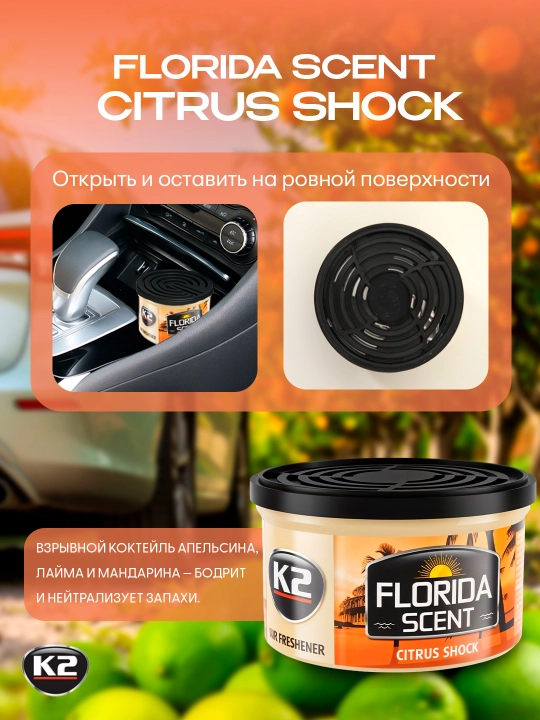 Освежитель воздуха FLORIDA SCENT: лимон, цитрус, новая машина, ягоды и чай