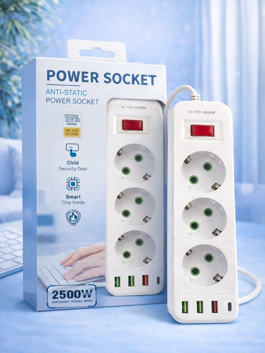 USB va Type-C uzaytirgich, 3 ta rozetka, ortiqcha yuklanishdan himoya, 2 va 3 metrli kabel