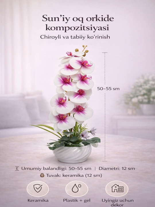 50-55 sm li guldondagi sun’iy gullar, realistik keramika dekor - 