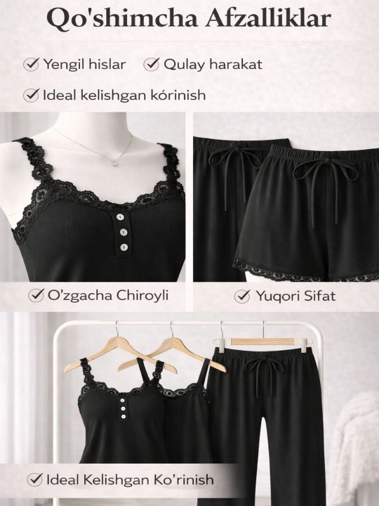 Ayollar uchun pijama to‘plami, pijama, 3 tasi 1 da, ayollar tungi kiyimi