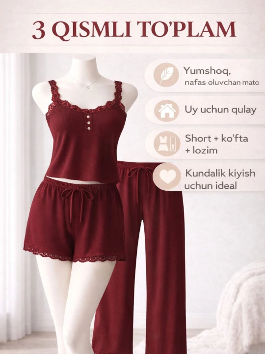 Ayollar uchun pijama to‘plami, pijama, 3 tasi 1 da, ayollar tungi kiyimi