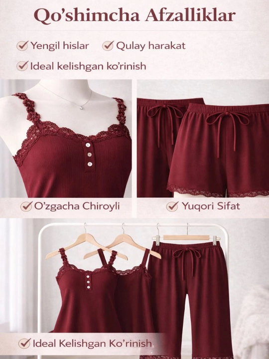 Ayollar uchun pijama to‘plami, pijama, 3 tasi 1 da, ayollar tungi kiyimi