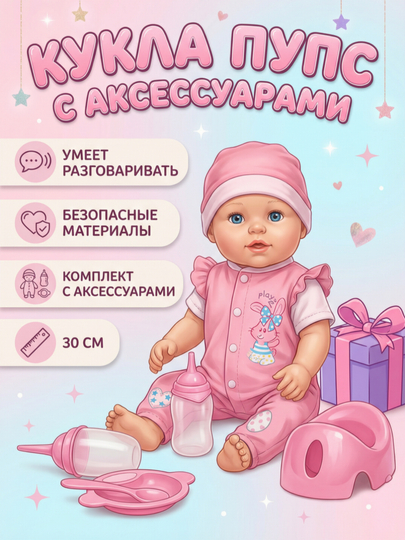 Кукла говорящая для девочки, пупс с горшком и бутылочкой, 30 см, подарок девочке — HUMST-2015-КОРРОЗ