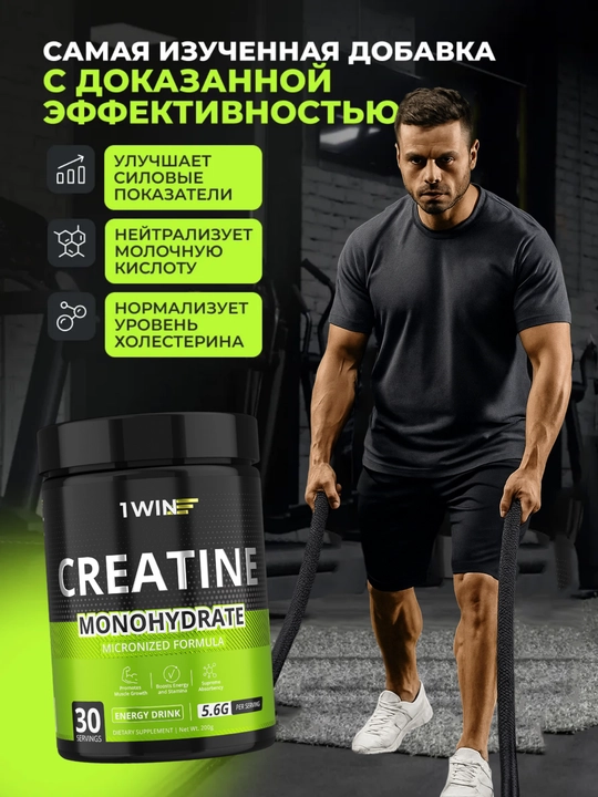Креатин моногидрат 1WIN, микронизированный порошок, для набора мышечной массы, без добавок