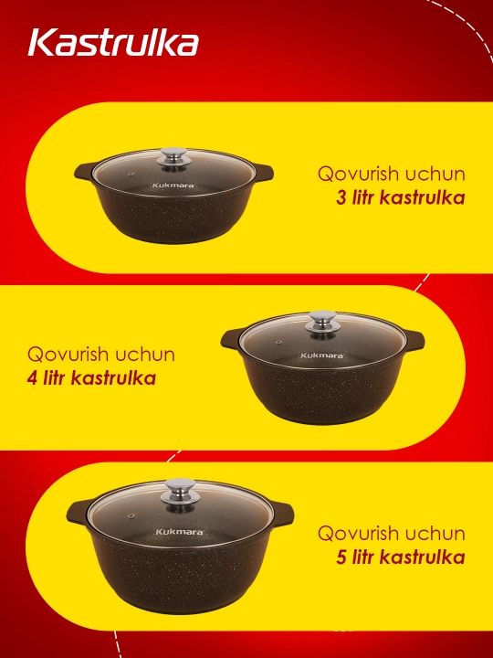 Kastryulya Kukmara "Mramornaya" shisha qopqoq bilan, qahvali mramor
