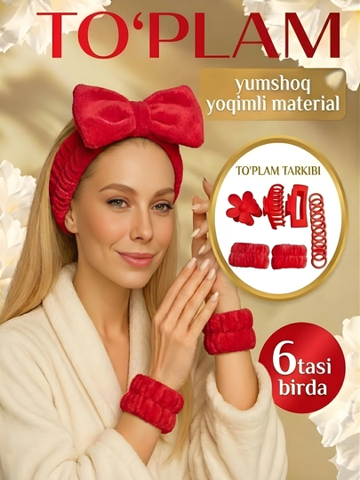 Ободок для умывания с нарукавниками, набор 6 в 1 — KIYNING-ABADOK-КРАСН