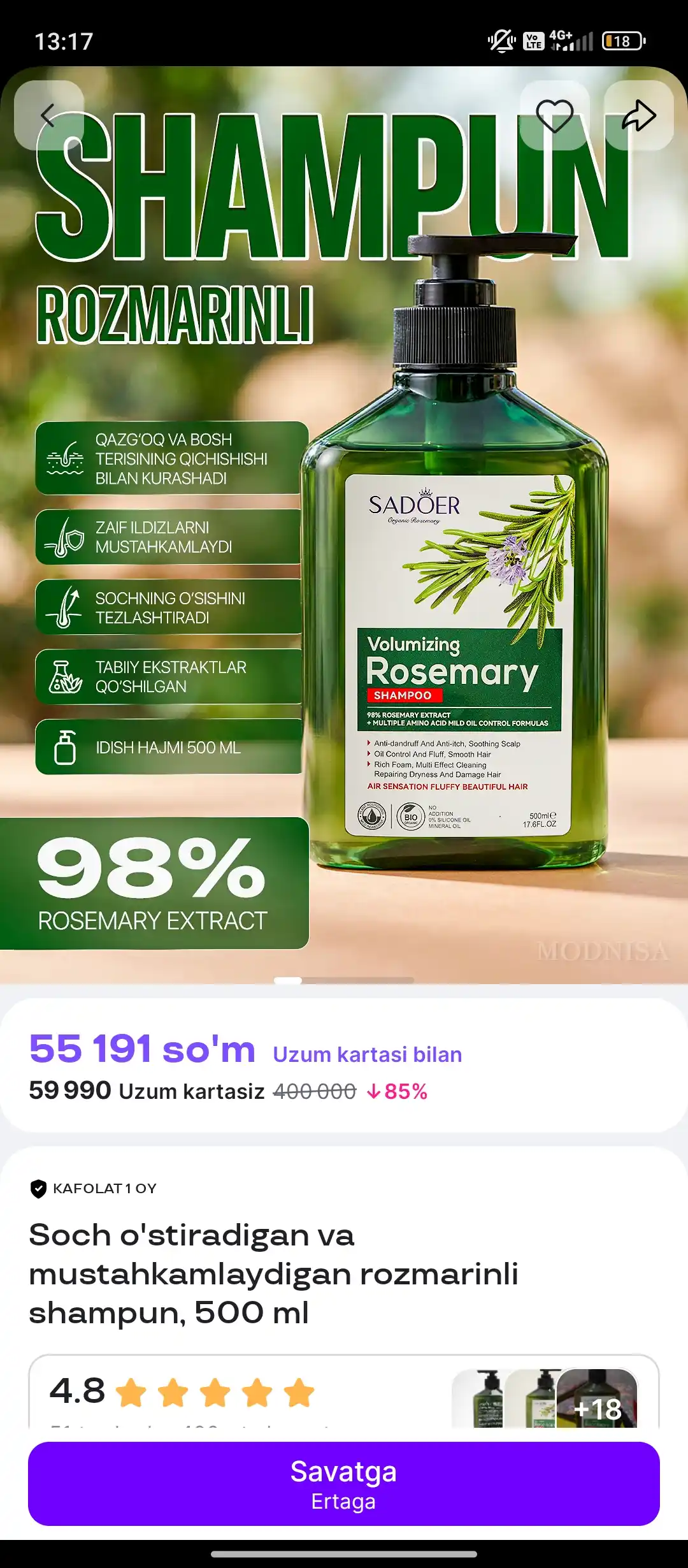 Soch o'stiradigan va mustahkamlaydigan rozmarinli shampun, 500 ml