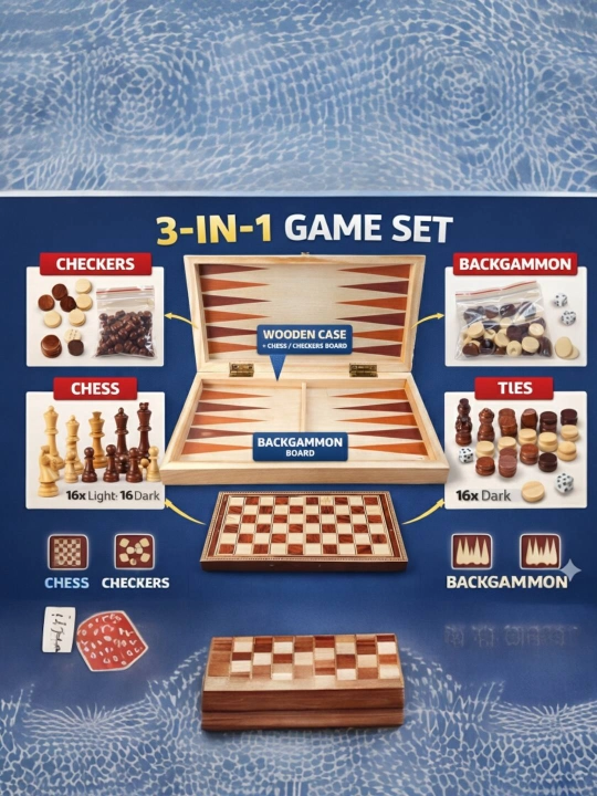 Klassik 3-in-1 Shaxmat To‘plami Yog‘och Qutida  - 