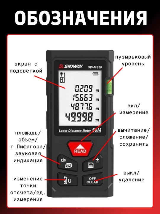 SNDWAY SW-MS50/70/100 lazerli masofa o‘lchagichi, 50/70/100 metrgacha masofa, qizil nur