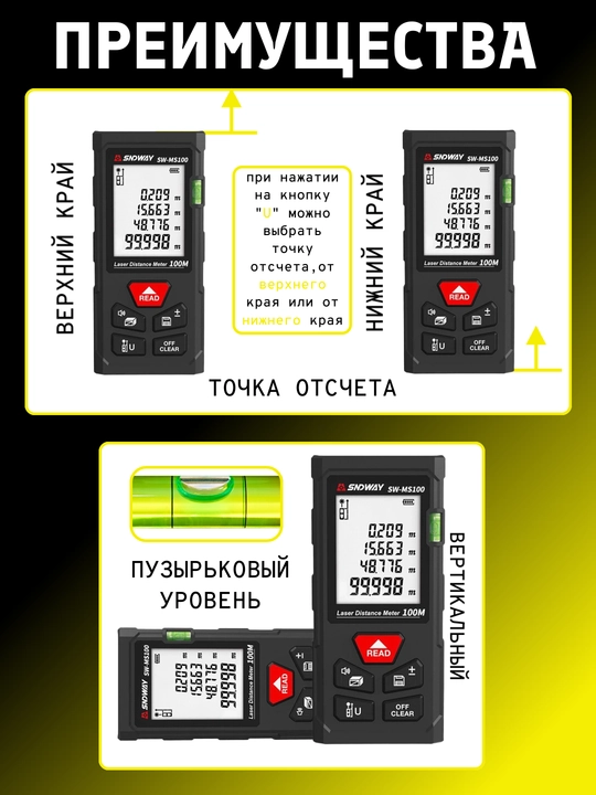 SNDWAY SW-MS50/70/100 lazerli masofa o‘lchagichi, 50/70/100 metrgacha masofa, qizil nur