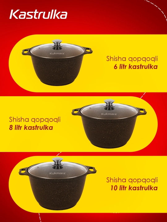 Kastryulya Kukmara, shisha qopqoq bilan, kofe mramor