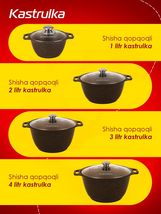 Kastryulya Kukmara, shisha qopqoq bilan, kofe mramor