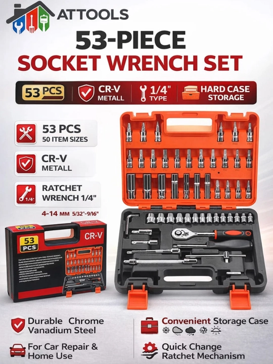 Набор торцевых головок Attools 53 предмета, 1/4", сталь CR-V, с трещоточным ключом - 