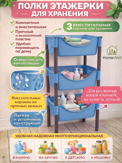 Этажерка пластиковая для кухни ванной спальни, стеллаж, полка, сборная - 