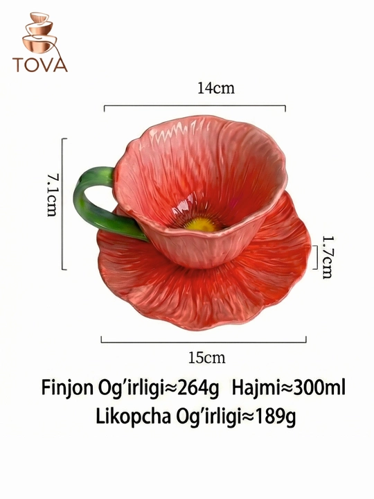 "Gul" dizaynli nafis keramik finjon va likopcha to'plami, 300 ml