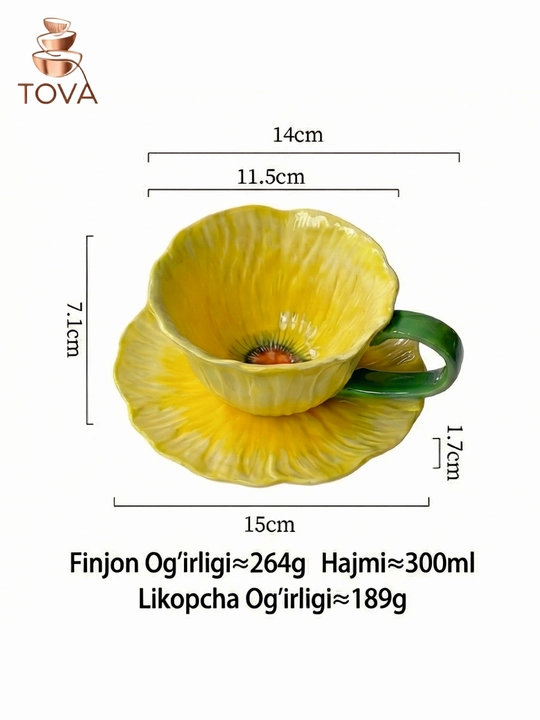 "Gul" dizaynli nafis keramik finjon va likopcha to'plami, 300 ml