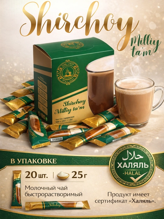 Shirchoy sutli choy, tez tayyorlanadigan qaymoqli ta’mli Halol portsiyalangan 20ta paketik