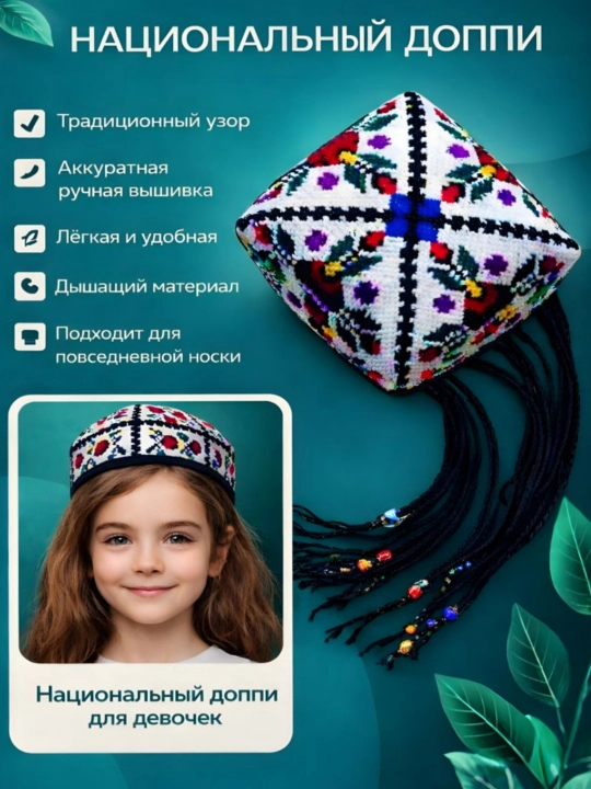 Узбекская национальная тюбетейка для женщин и девочек, сшитая вручную, с длинными волосами - 