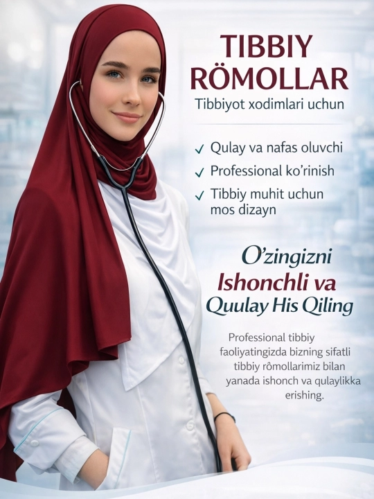Zamonaviy uslubda hijobli tibbiyot xodimlari uchun sharf va bonidan iborat 2 qismli ro'mol - 