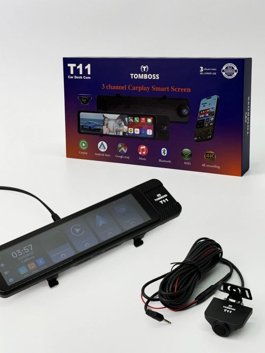 Видеорегистратор с 3 камерами, TOMBOSS T11 CAR PLAY, с антирадарным Wi-Fi видеонаблюдением
