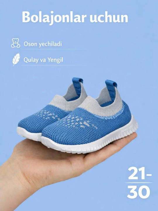 Qizlar va o‘g‘il bolalar uchun nafas oluvchi, yengil, 21-30 o‘lchamdagi slipon krossovkalar - 