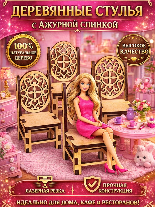 Barbi uchun o‘yma stulchalar, 4 dona, fanerdan, 6 mm, silliqlangan, bo‘yash mumkin - 