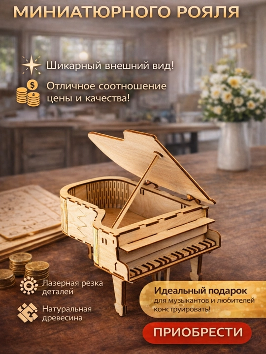 Рояль шкатулка для бижютерии или всяких мелочей, шлифованная фанера, 3 мм - 